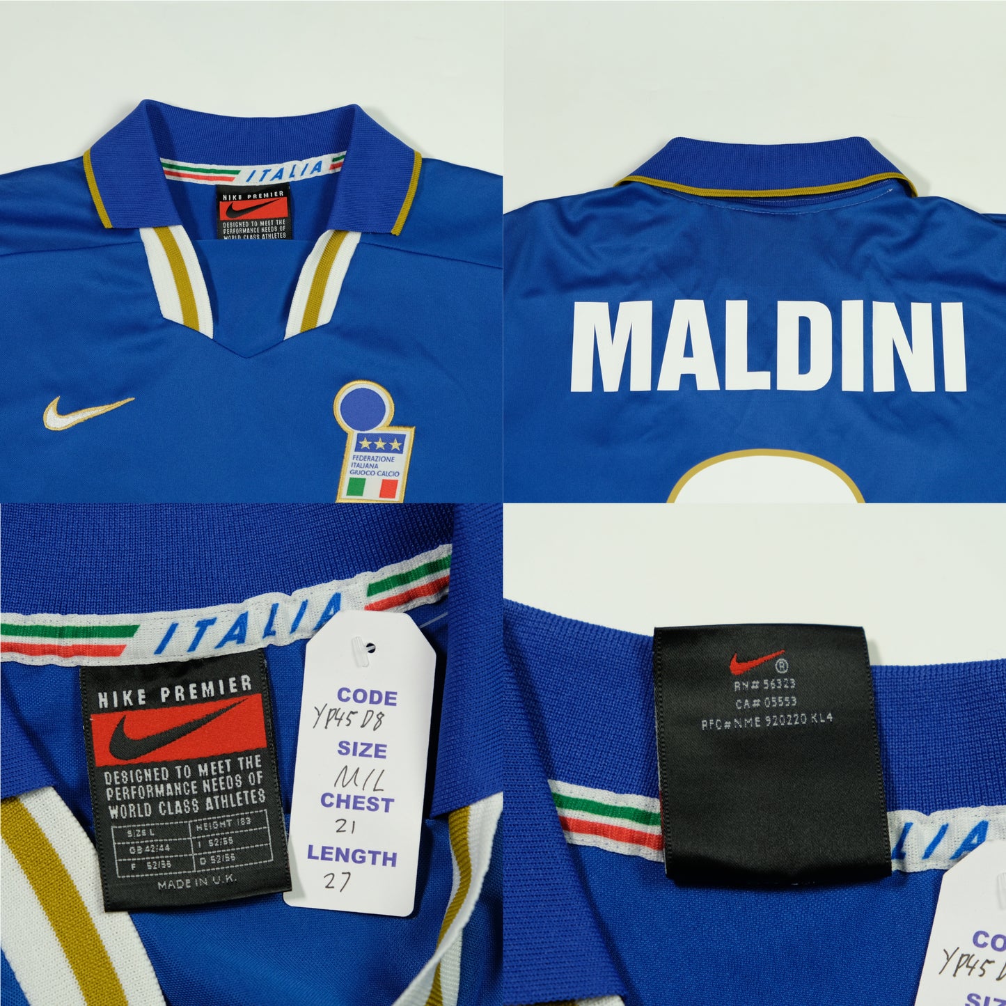 Italy Maldini 1996/1997 Nike Original Home Football Shirt Medium/Large