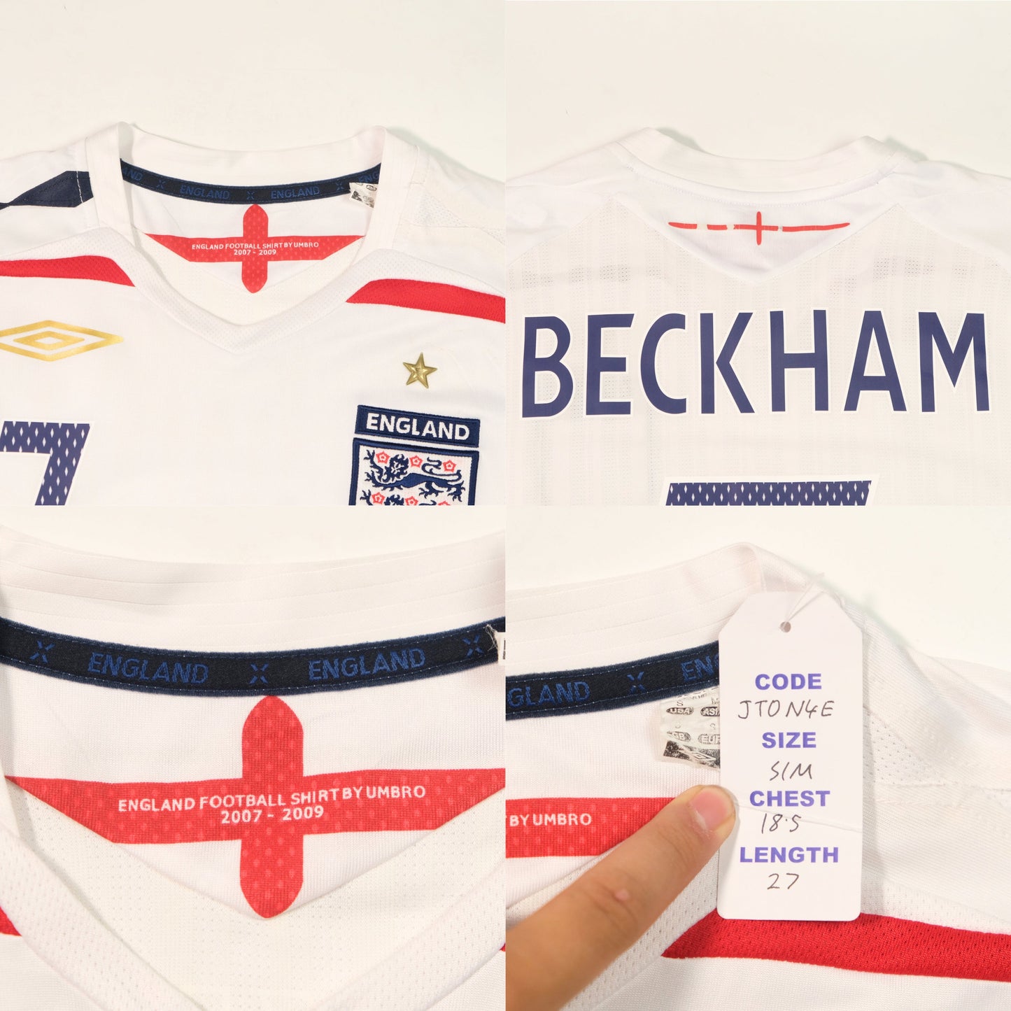 2007/09 England Home Shirt Umbro Beckham (S/M)