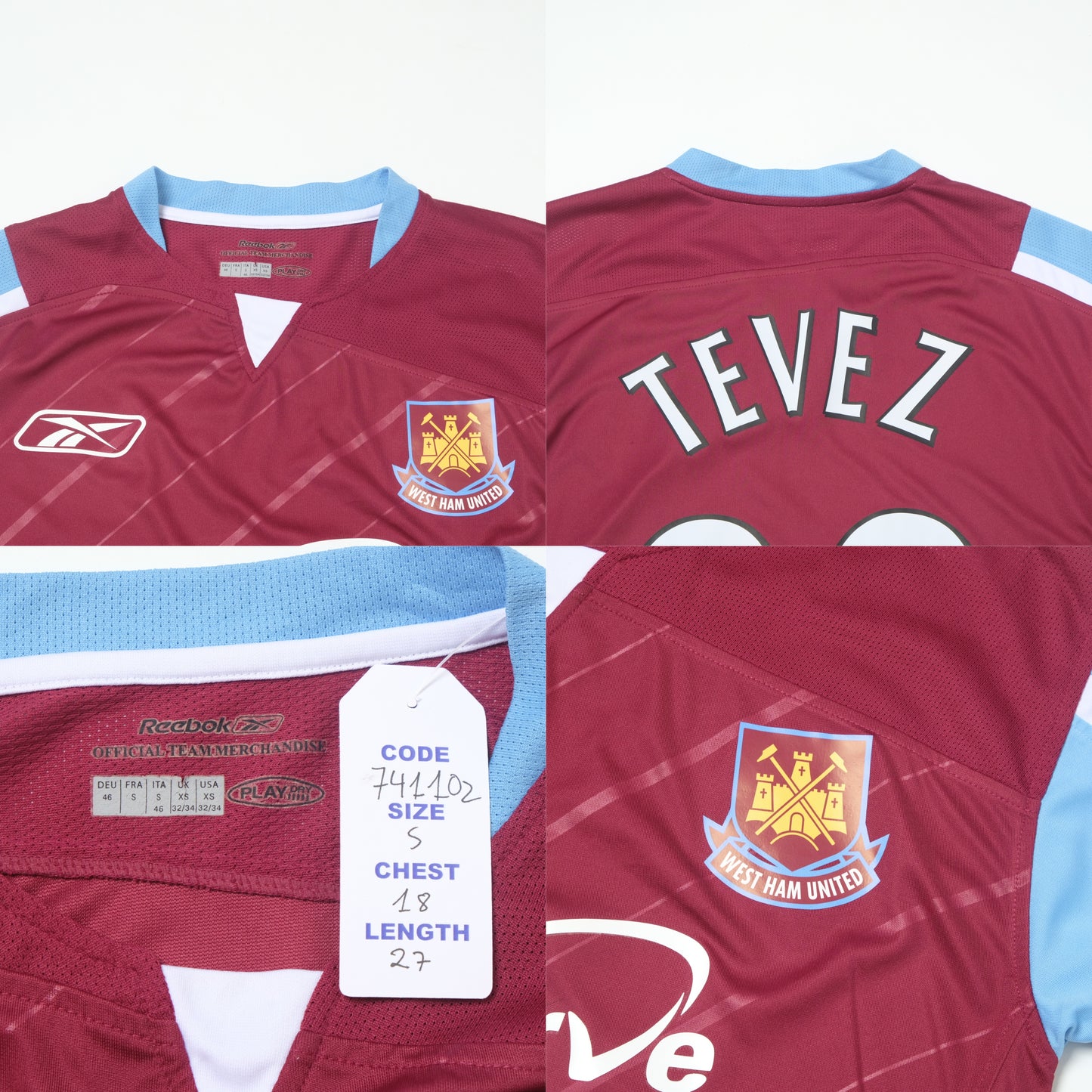 2005/07 West Ham Home Shirt Reebok Tevez (S)