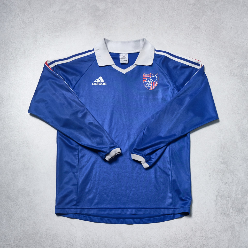 Blue long-sleeve sports jersey with Adidas logo on a gray background