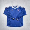 Blue long-sleeve sports jersey with Adidas logo on a gray background