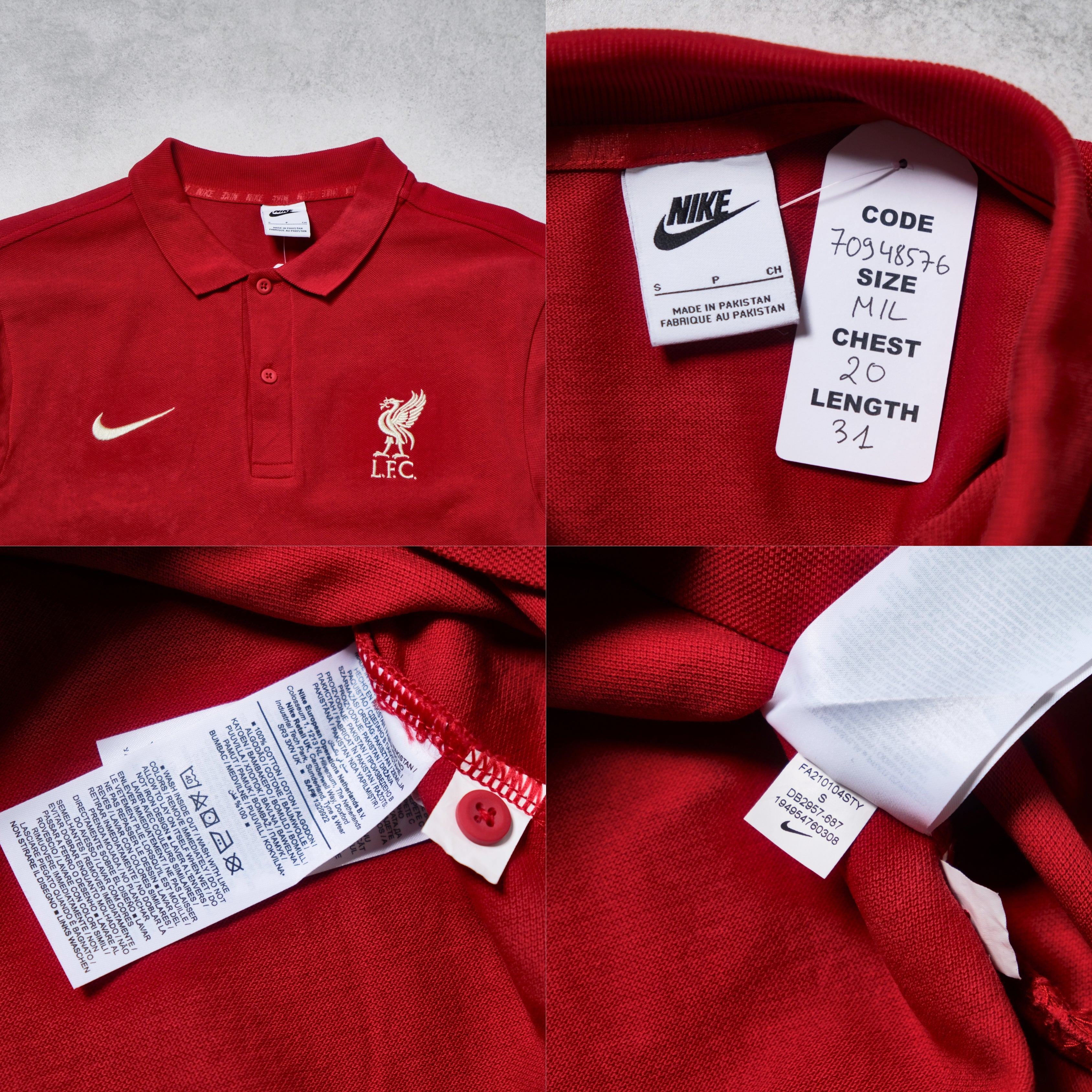 Red polo shirt with Nike and Liverpool FC logos, featuring size tags and labels.